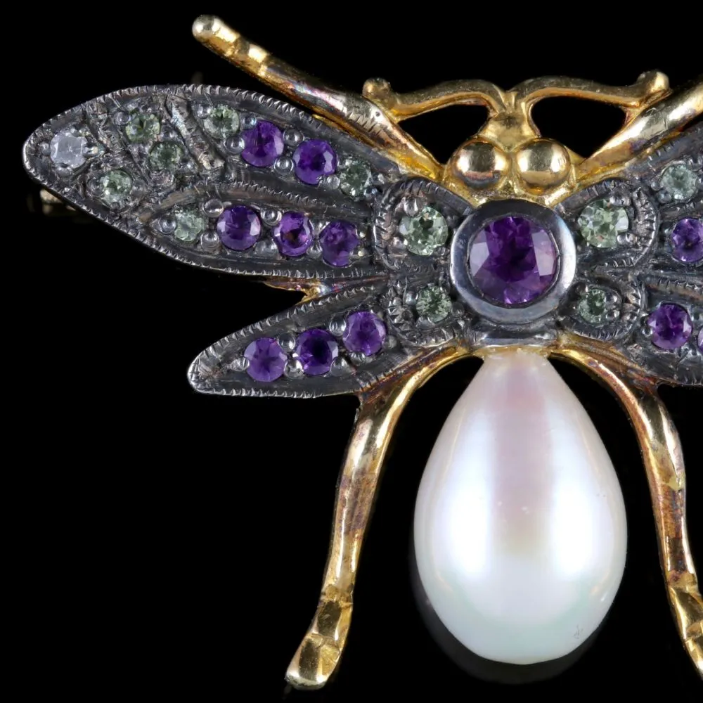 Suffragette Insect Brooch Amethyst Peridot Diamond Pearl