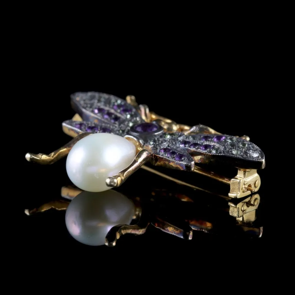 Suffragette Insect Brooch Amethyst Peridot Diamond Pearl