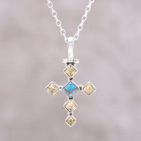 Sunny Cross Citrine and Composite Turquoise Cross Pendant Necklace