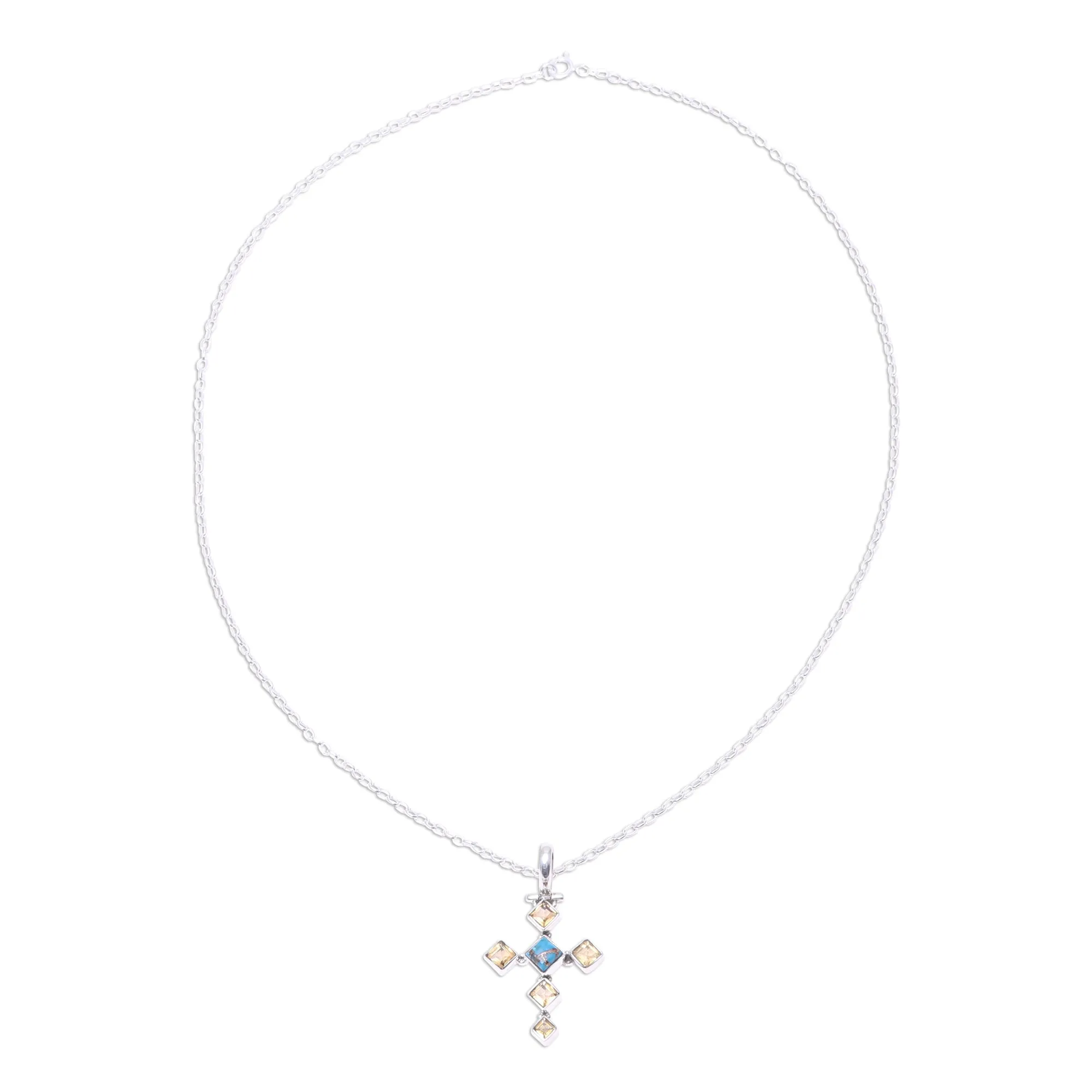 Sunny Cross Citrine and Composite Turquoise Cross Pendant Necklace