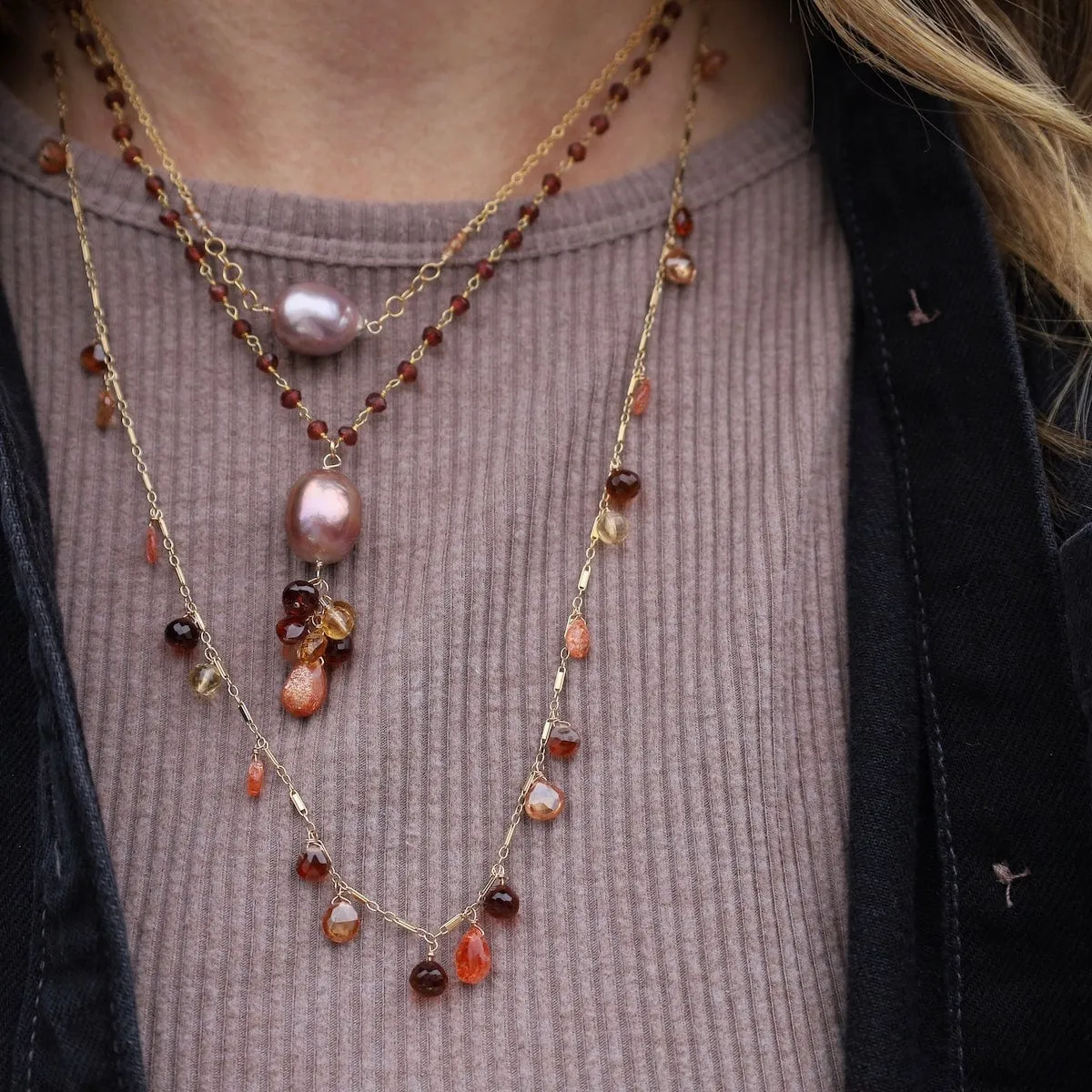 Sunstone, Garnet, Citrine, Zircon, Gold Fill Long Necklace