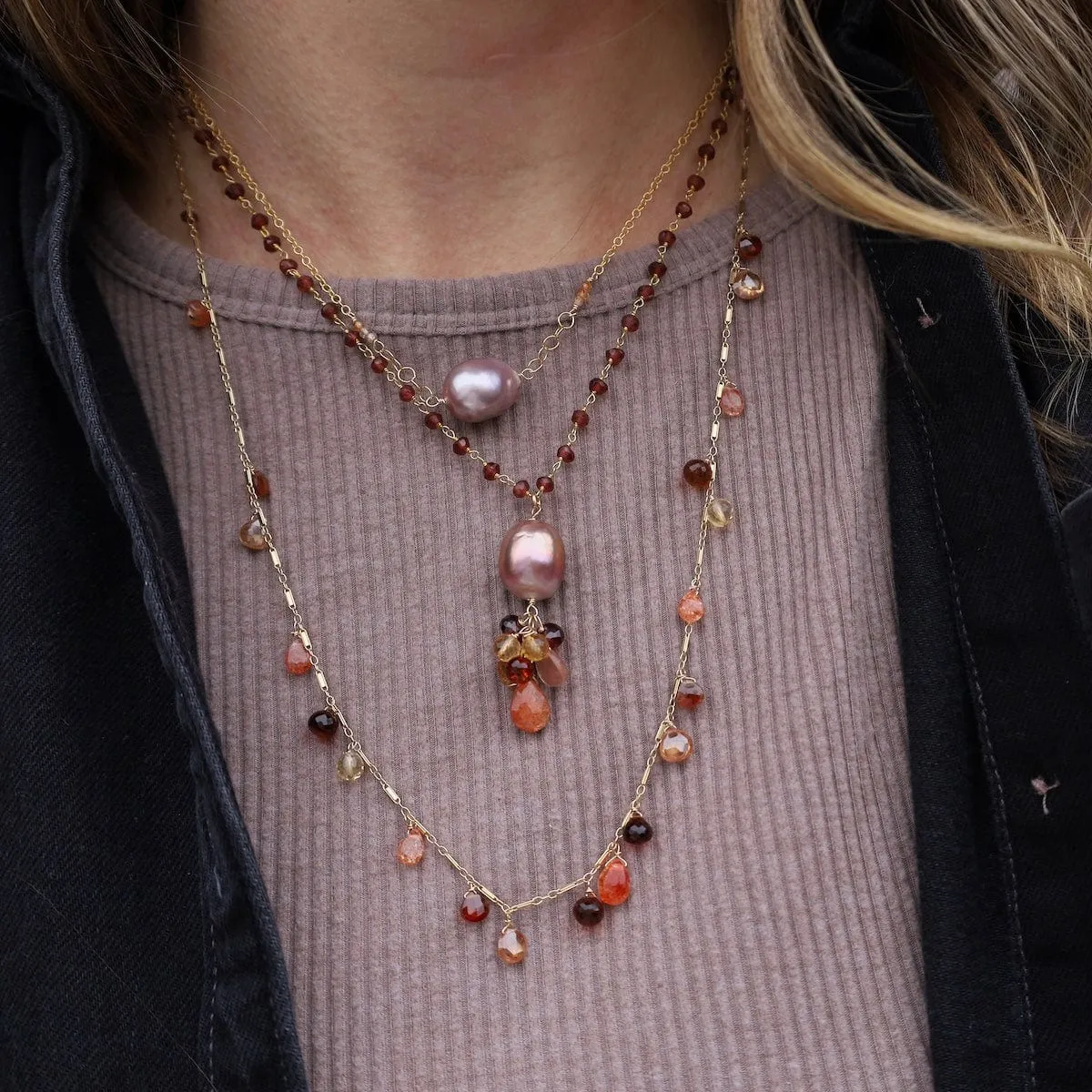 Sunstone, Garnet, Citrine, Zircon, Gold Fill Long Necklace