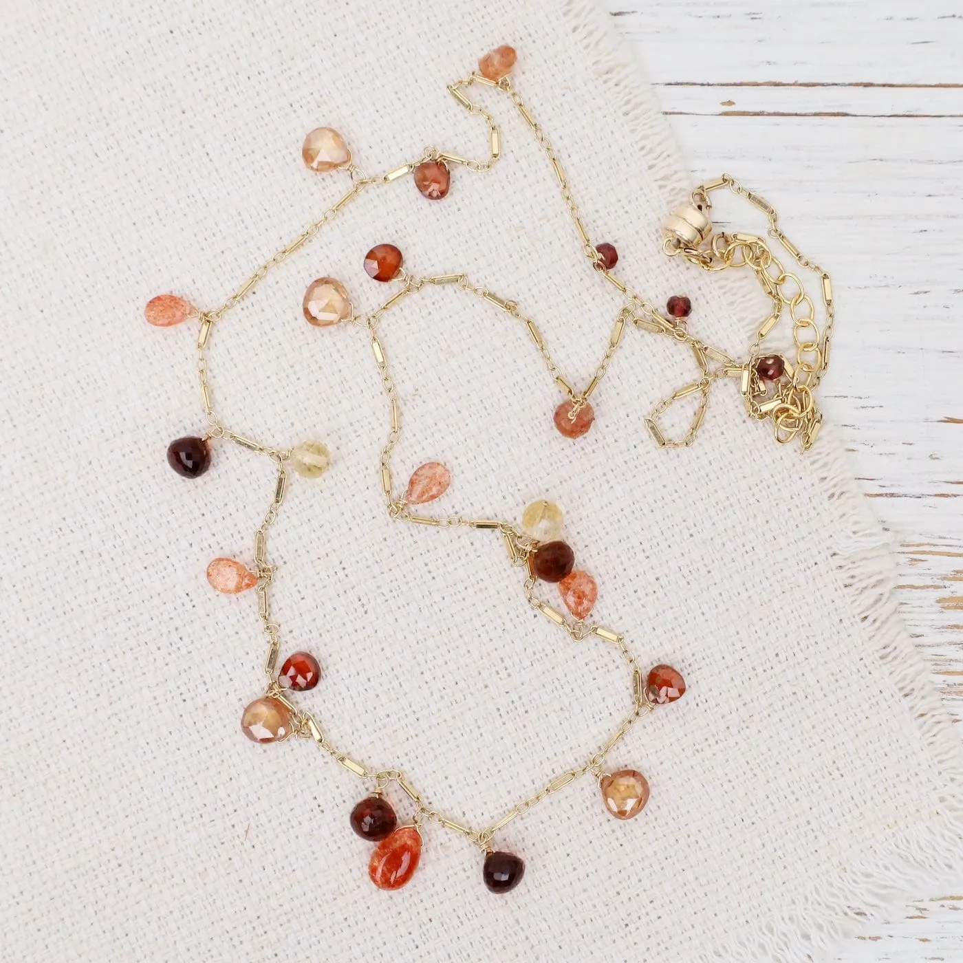 Sunstone, Garnet, Citrine, Zircon, Gold Fill Long Necklace