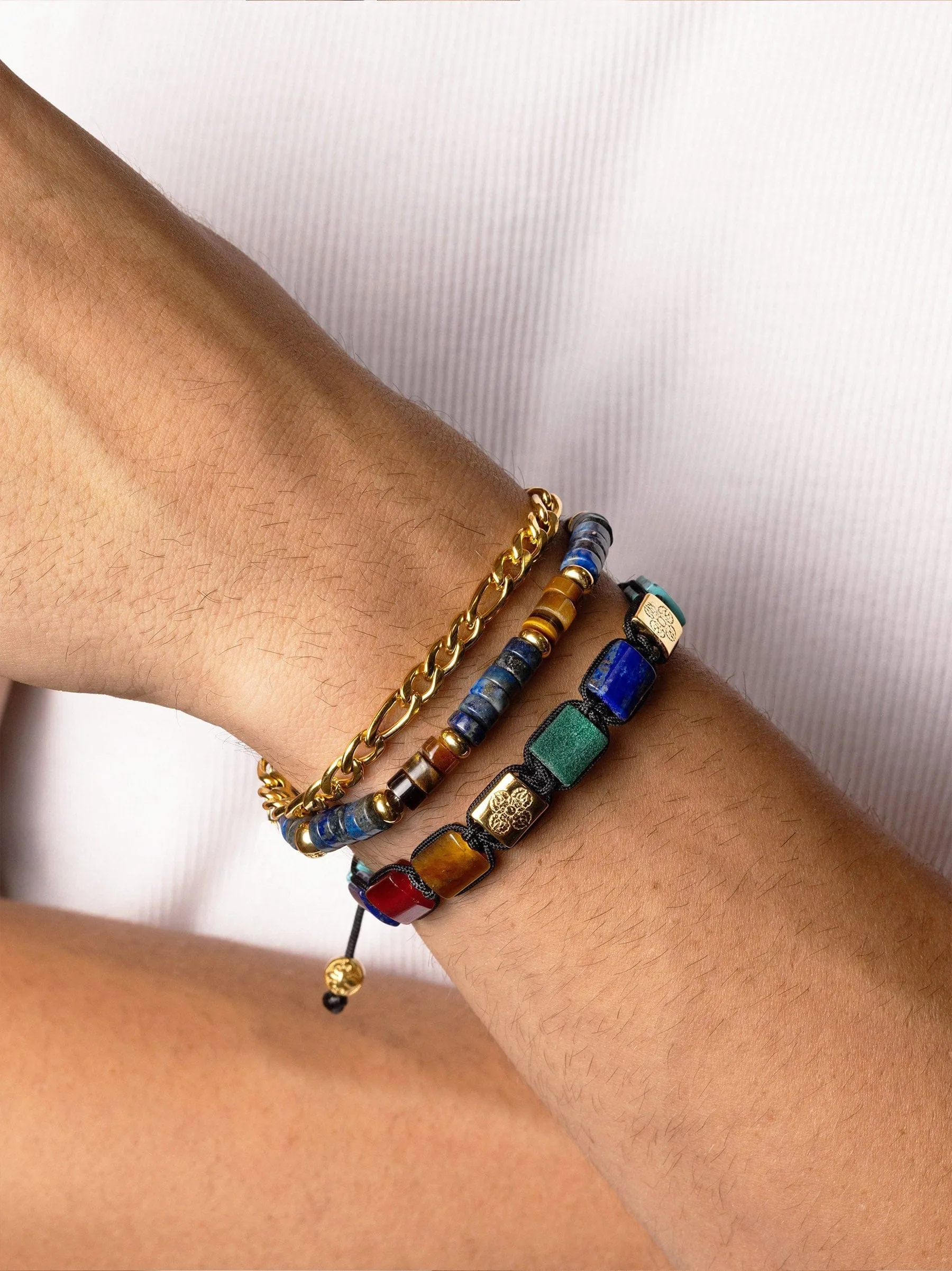 The Dorje Flatbead Collection - Blue Lapis, Green Jade, Brown Tiger Eye, Red Jade and Turquoise