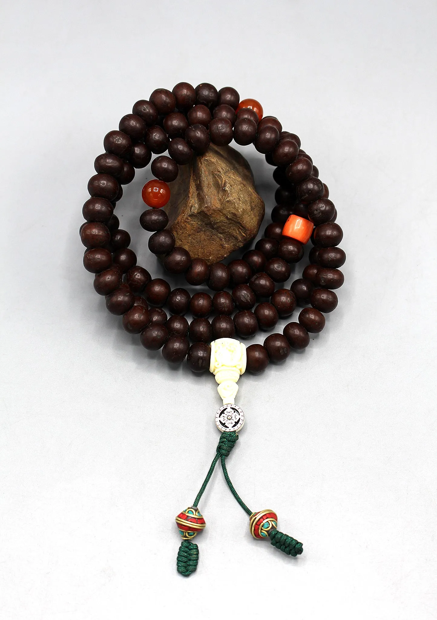 Tibetan Bodhi Beads Prayer Mala with Citrine and Coral Counter