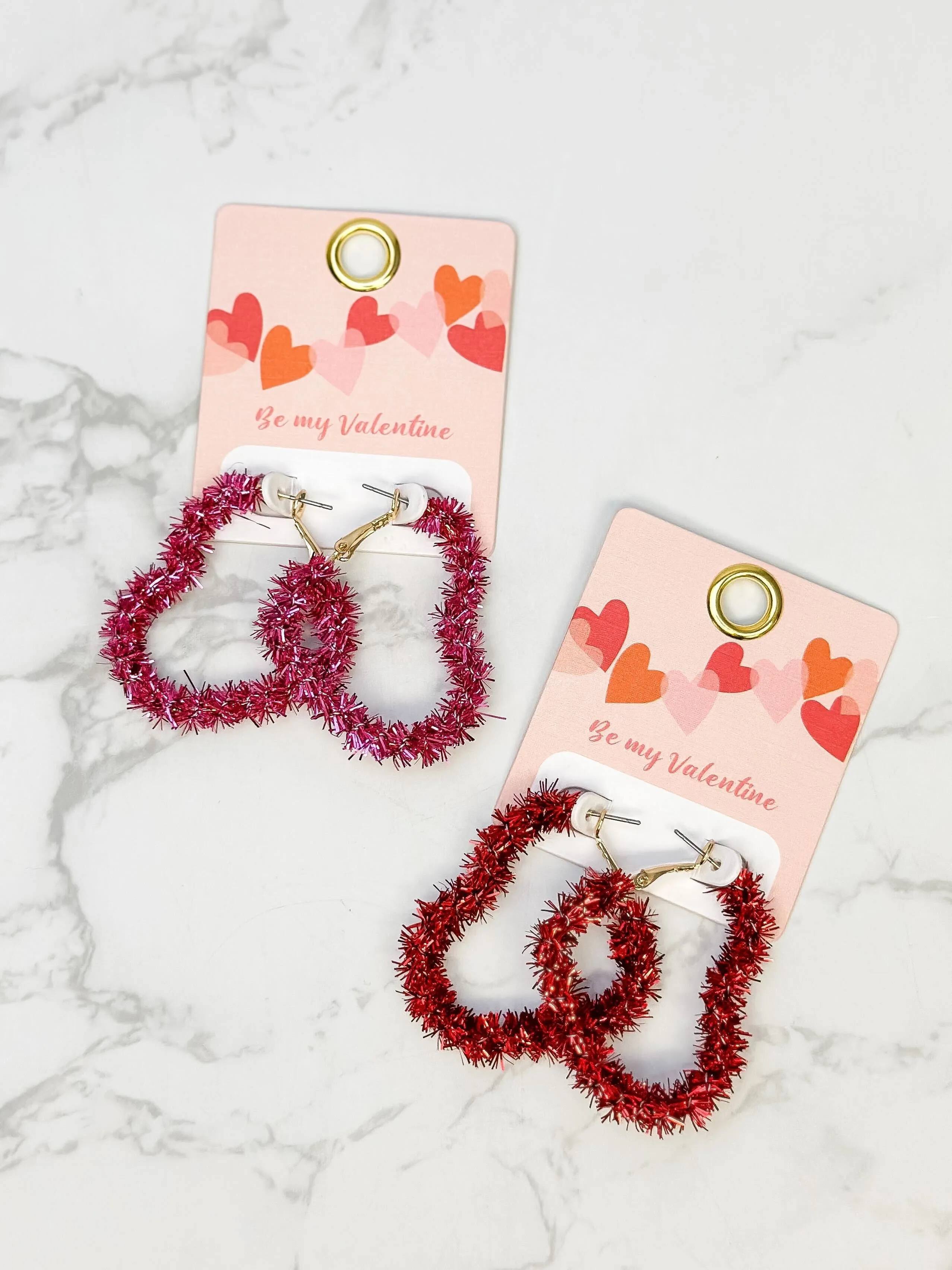 Tinsel Heart Hoop Earrings - Pink