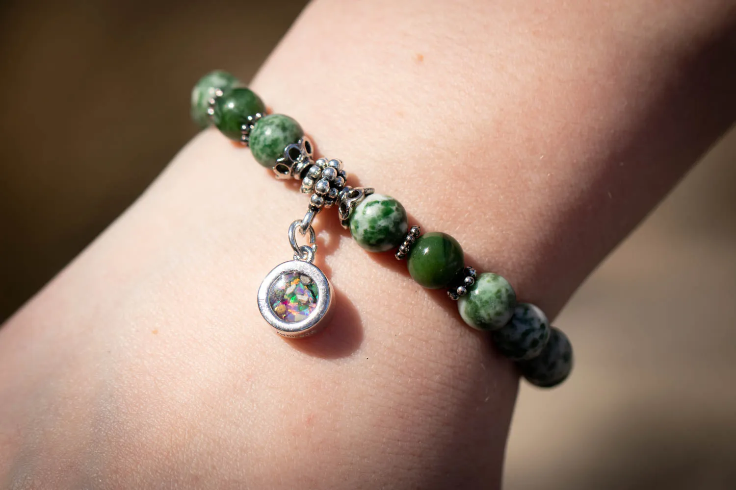 Tree Agate and Jade Healing Bracelet with Cremation Ashes