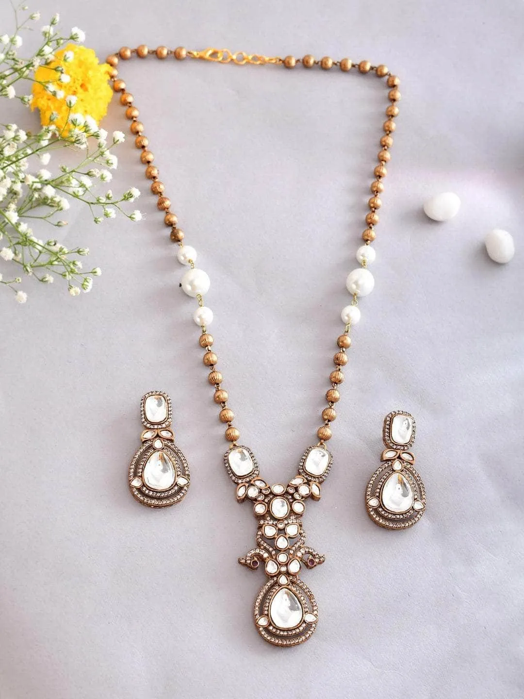 Victorian Long Polki Necklace Set White