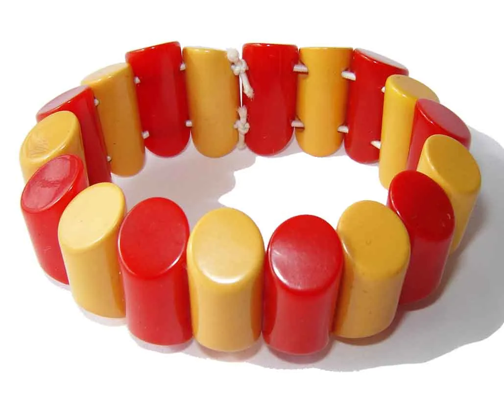 Vintage 40s Bakelite Stretch Bracelet Red & Yellow Two Toned