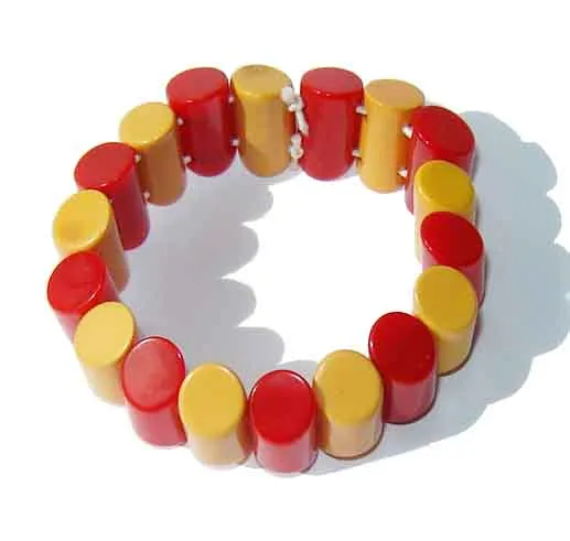 Vintage 40s Bakelite Stretch Bracelet Red & Yellow Two Toned