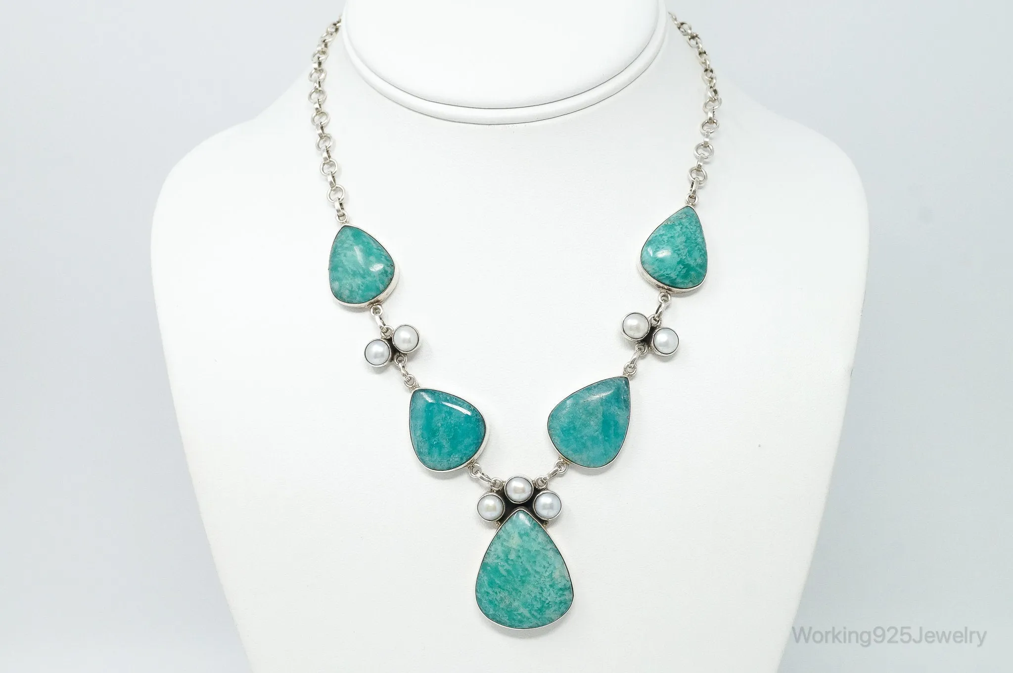 Vintage Amazonite Pearl Sterling Silver Necklace