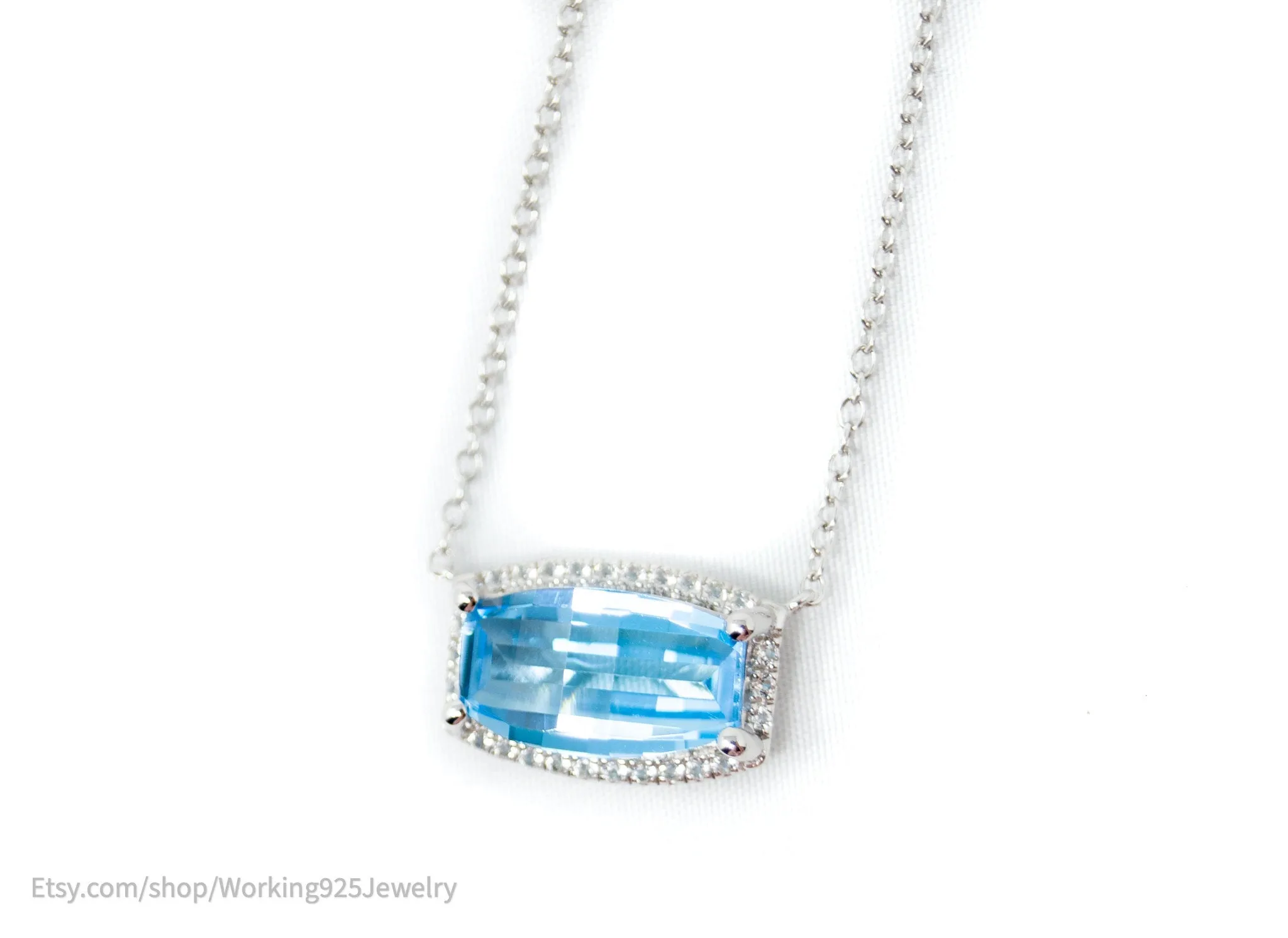 Vintage Art Deco Style Checkerboard Blue Topaz CZ Sterling Silver Necklace