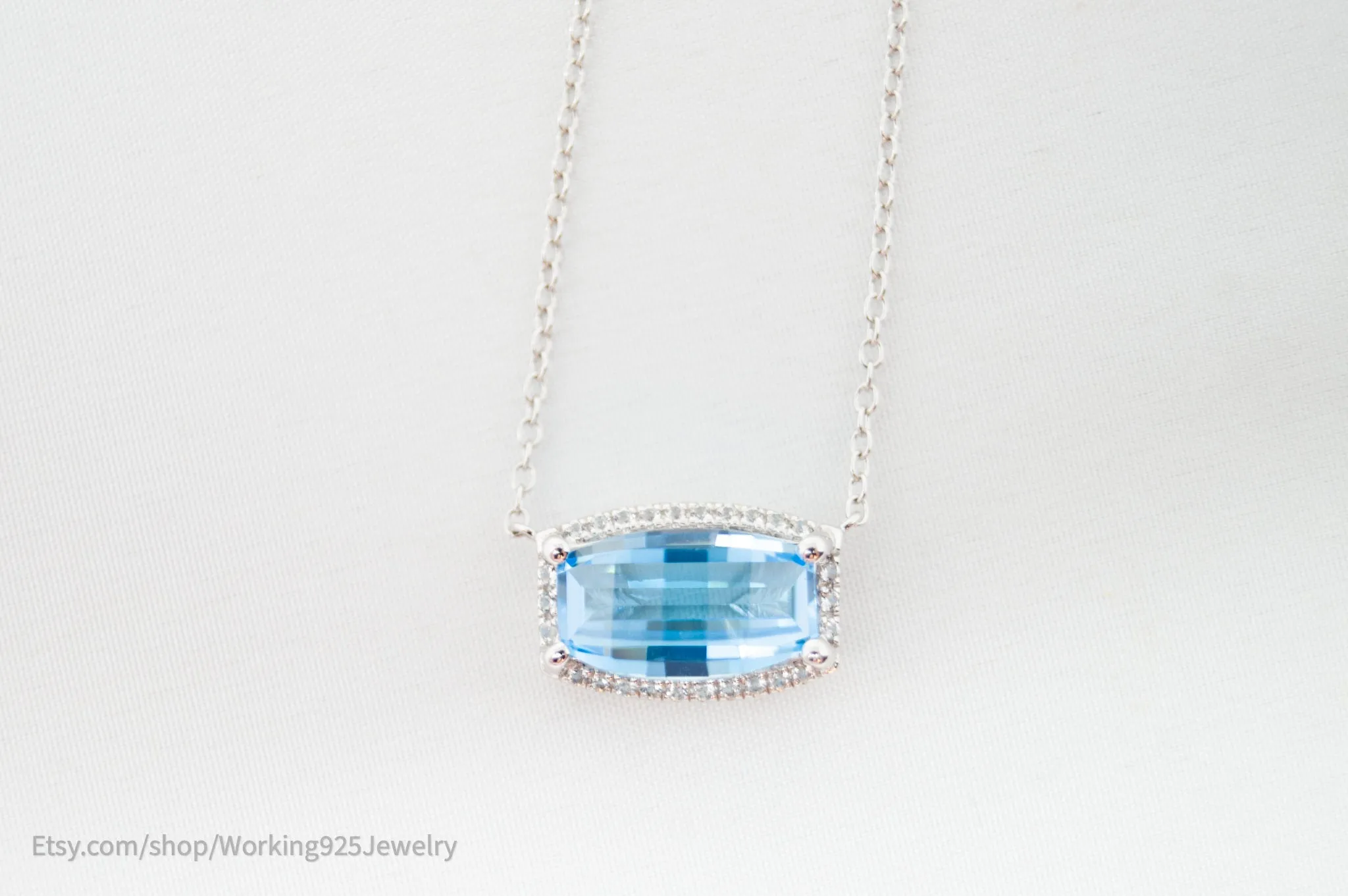 Vintage Art Deco Style Checkerboard Blue Topaz CZ Sterling Silver Necklace