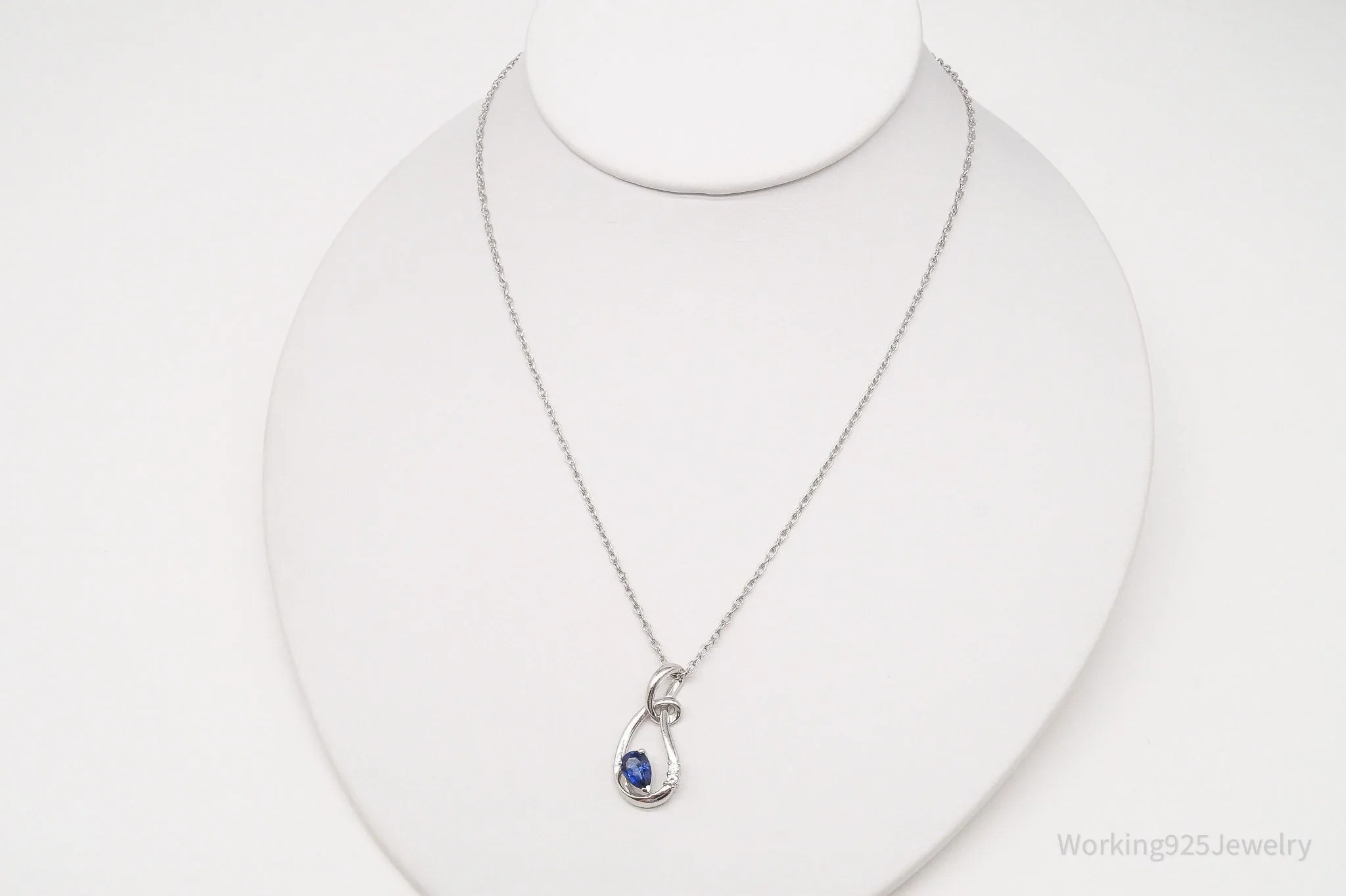 Vintage Blue & White Sapphire Sterling Silver Necklace 16"