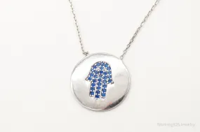 Vintage Blue Cubic Zirconia Hamsa Hand Sterling Silver Necklace