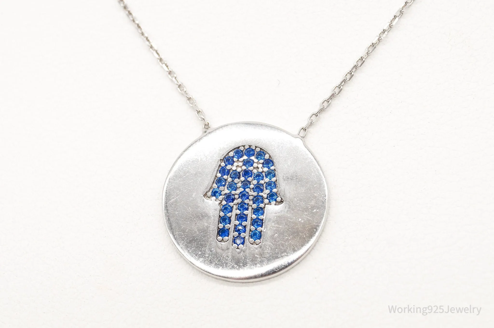 Vintage Blue Cubic Zirconia Hamsa Hand Sterling Silver Necklace