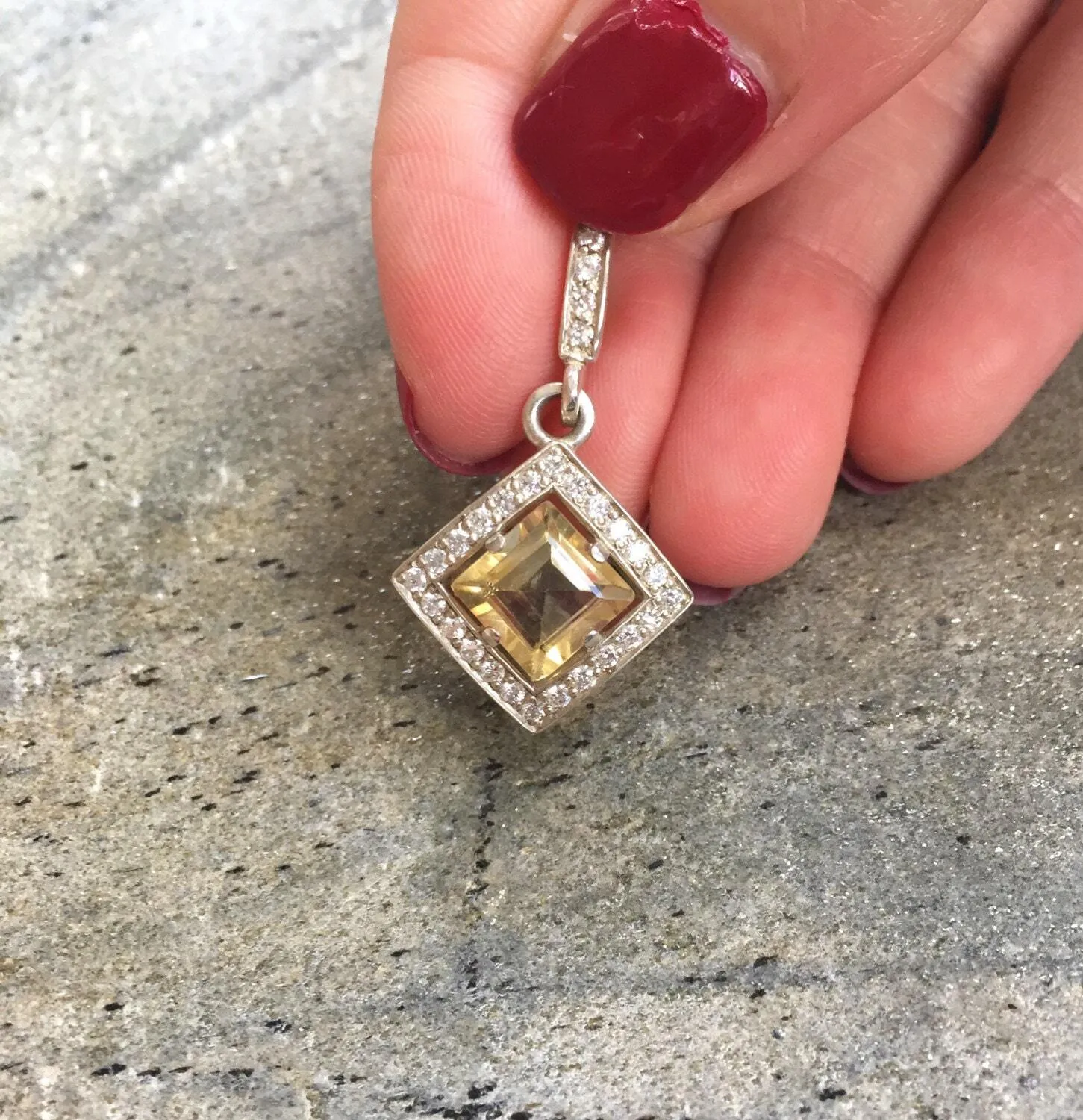 Vintage Citrine Pendant - Natural Citrine Necklace - Yellow Princess Cut Necklace