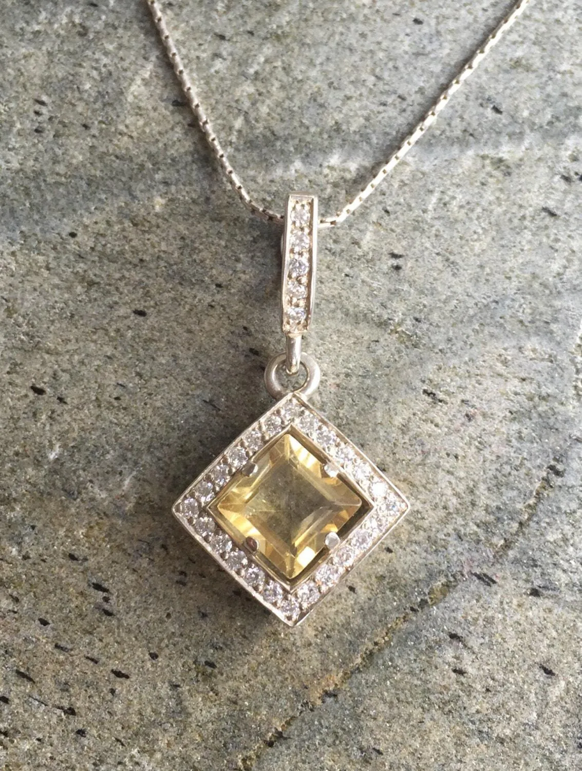 Vintage Citrine Pendant - Natural Citrine Necklace - Yellow Princess Cut Necklace