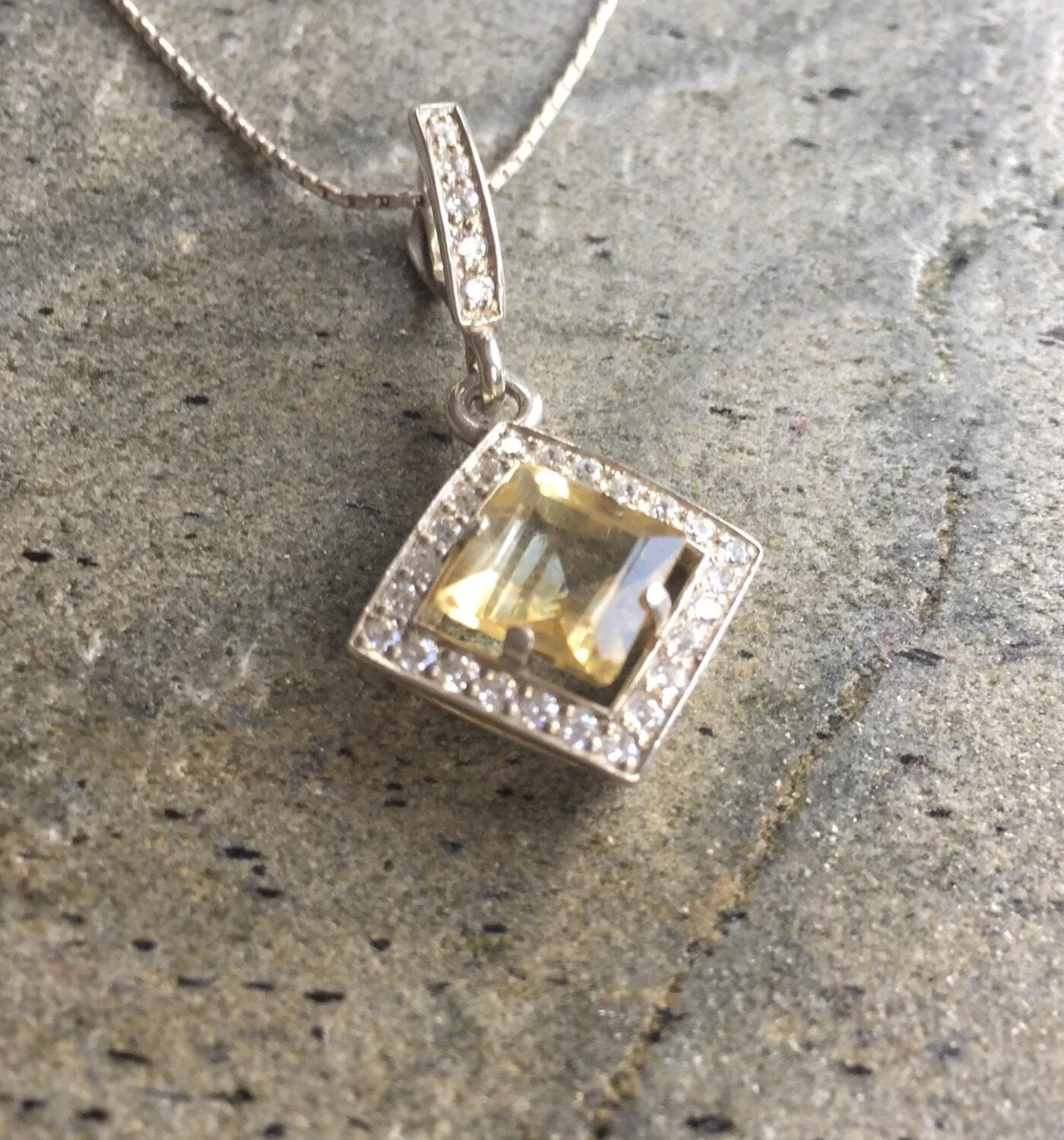 Vintage Citrine Pendant - Natural Citrine Necklace - Yellow Princess Cut Necklace