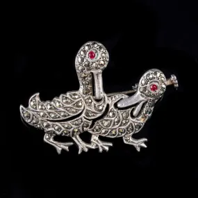 Vintage French Marcasite Duck Brooch Silver