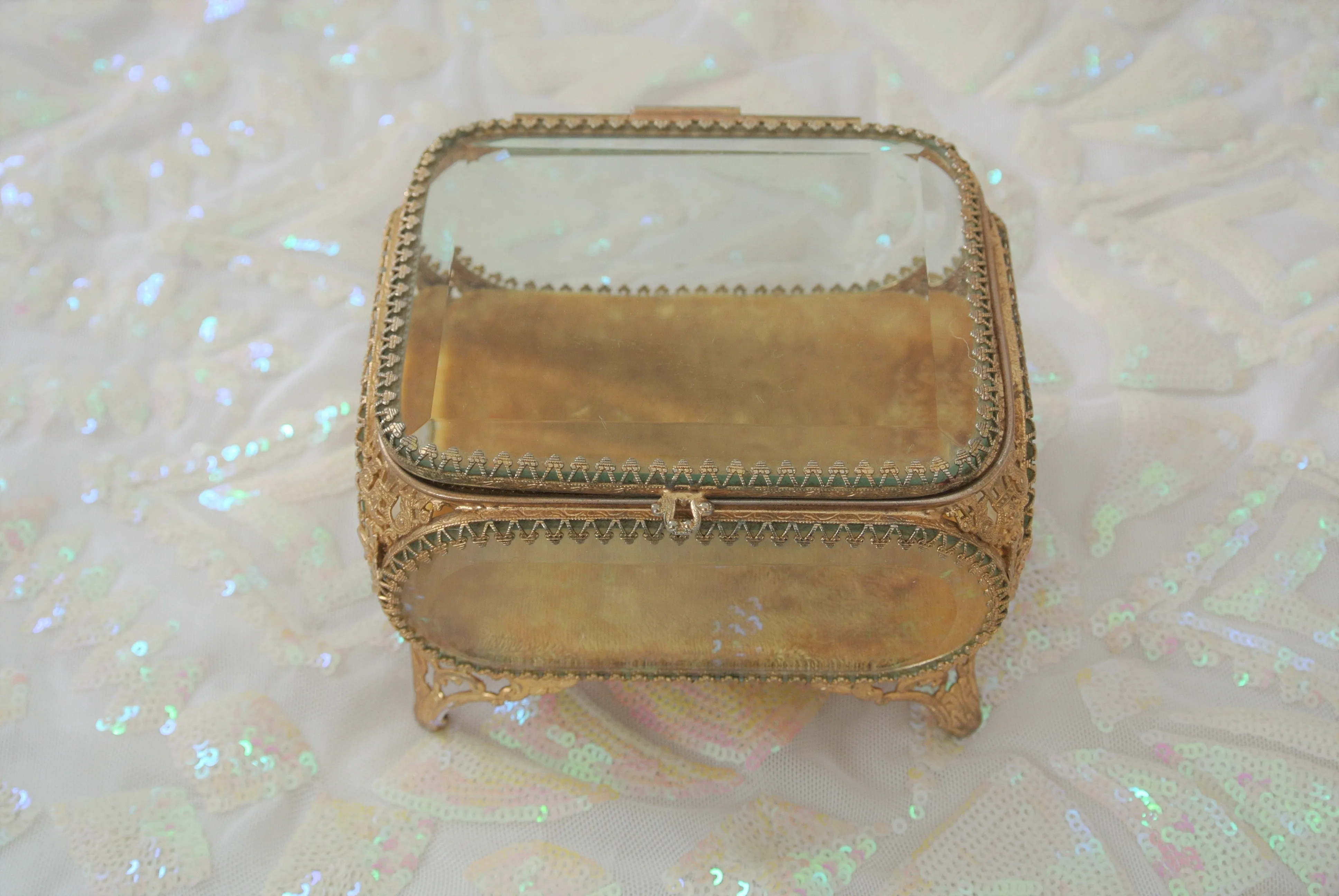 Vintage Glass Casket Jewelry Box