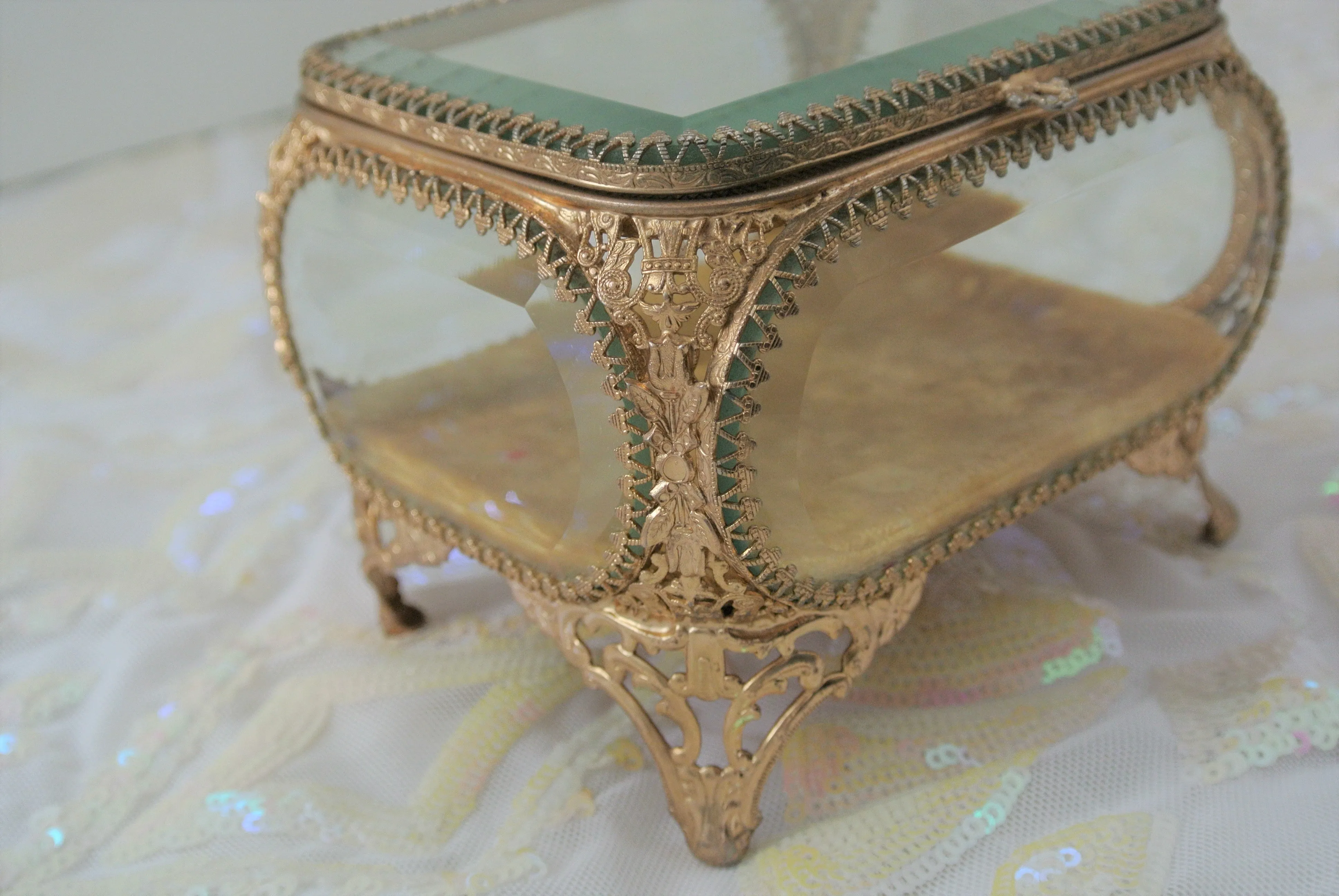 Vintage Glass Casket Jewelry Box