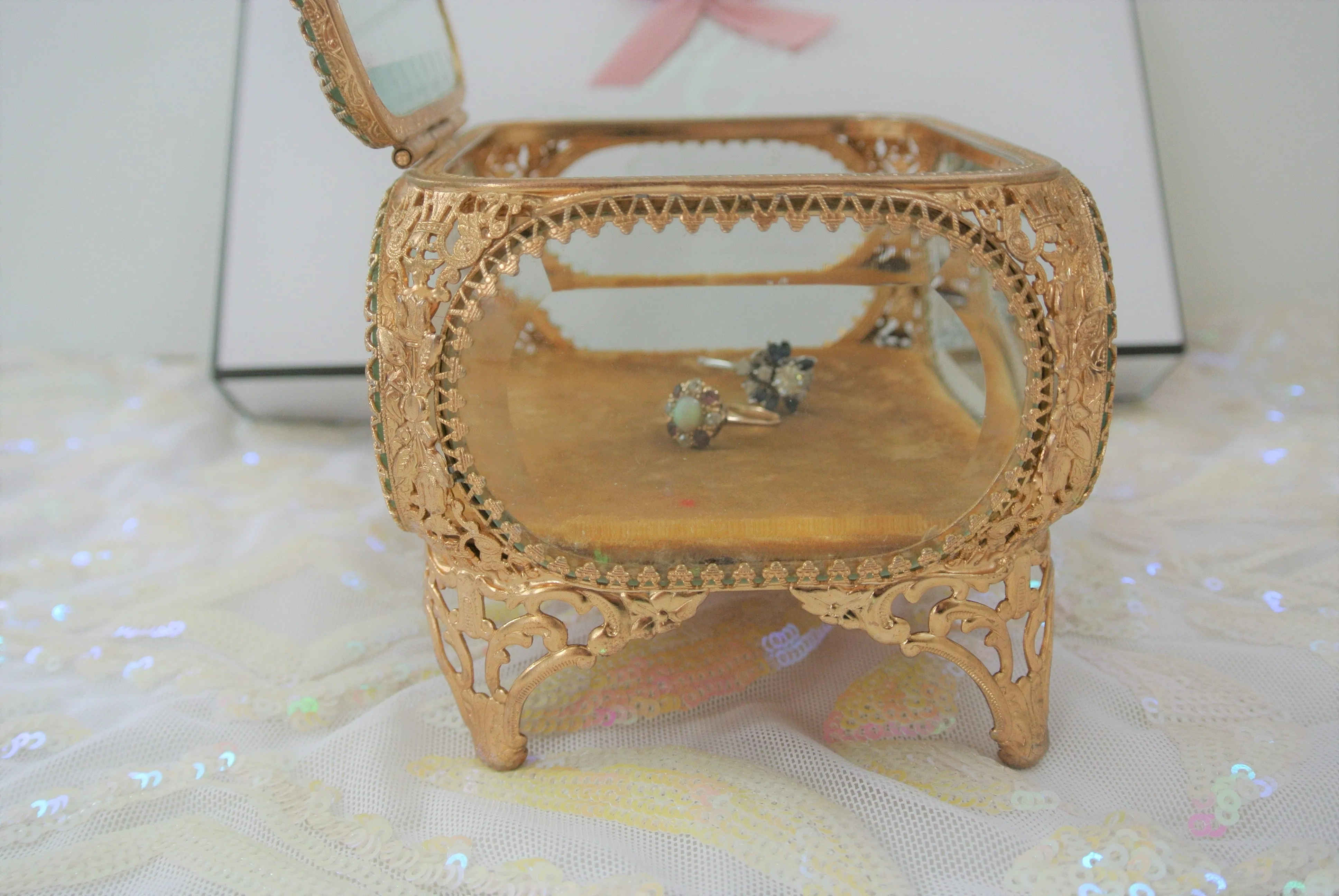 Vintage Glass Casket Jewelry Box