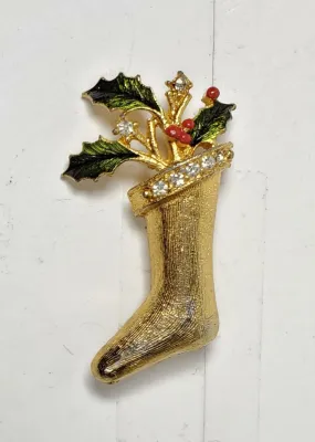 Vintage Gold Tone Christmas Stocking Brooch