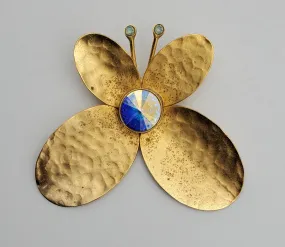 Vintage Hammered Gold Tone Butterfly with Faceted Holographic Foil Brooch