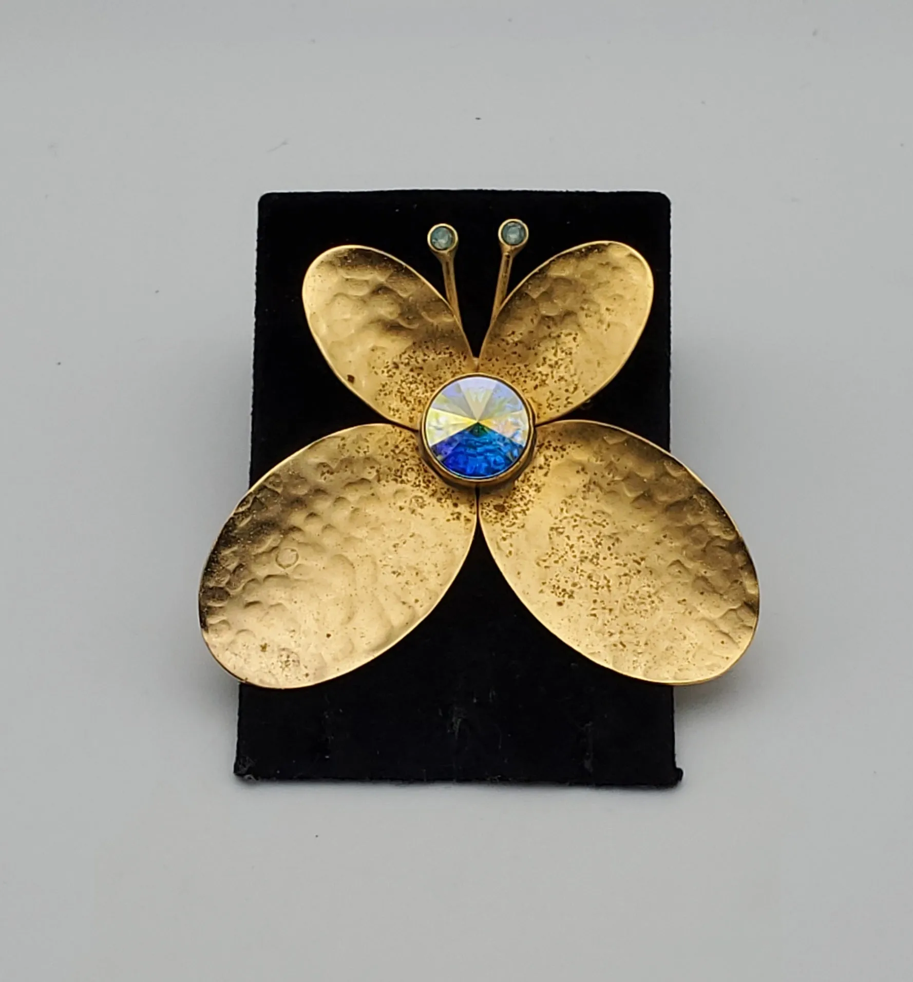 Vintage Hammered Gold Tone Butterfly with Faceted Holographic Foil Brooch