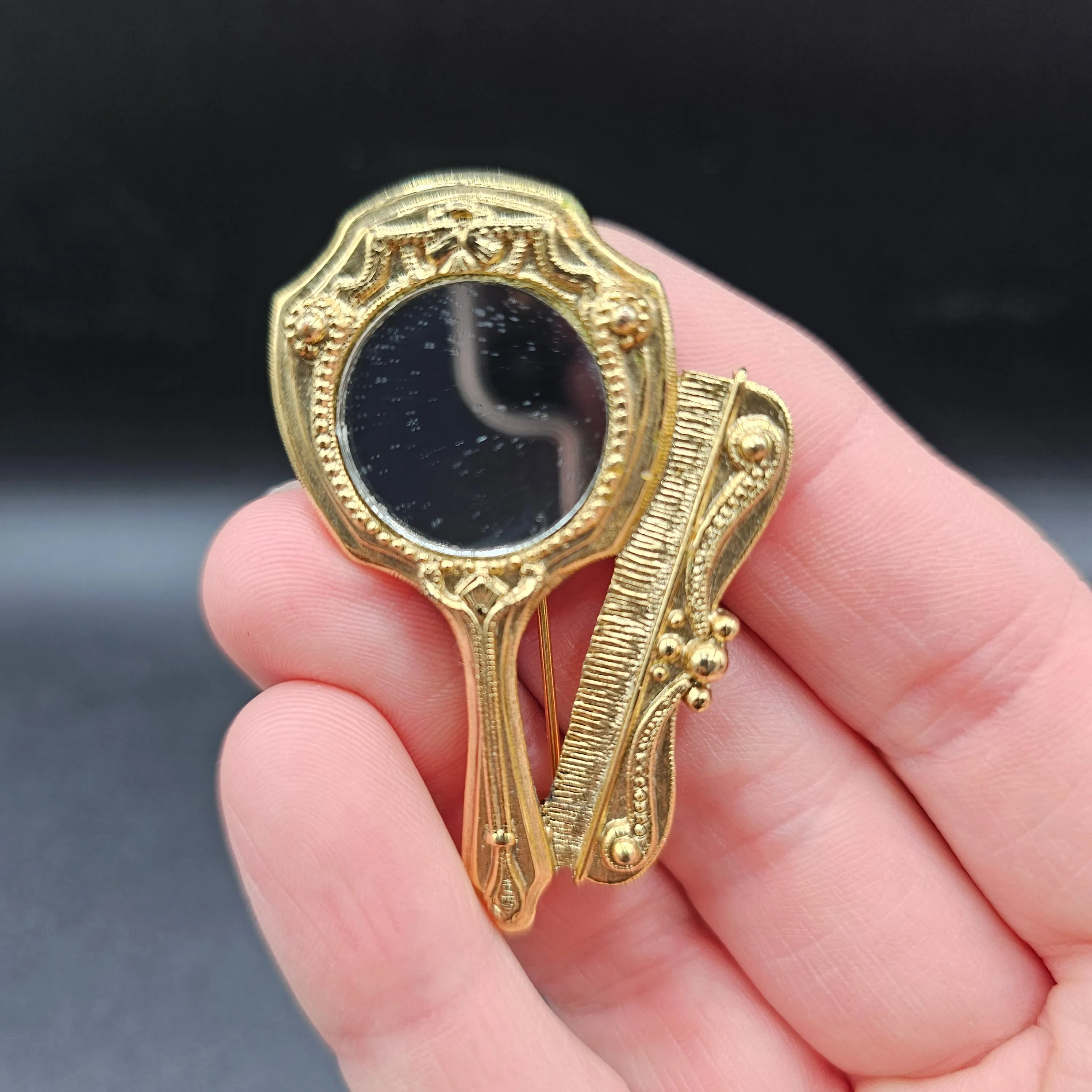 Vintage Hand Mirror and Comb Gold Tone Brooch