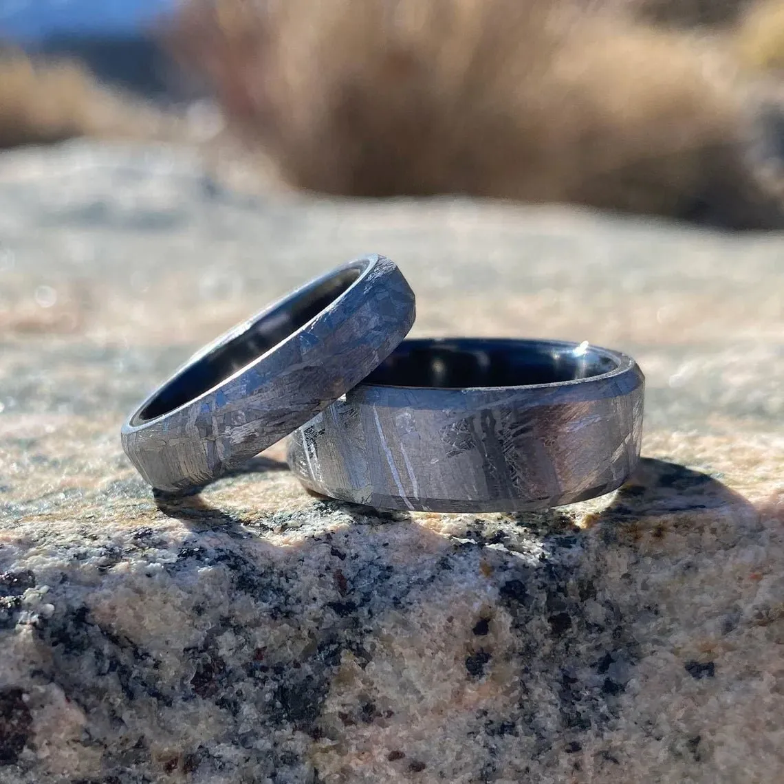 Wedding Ring Set Meteorite Ring, USA Made Custom Jewelry, Black Titanium Sleeve Band