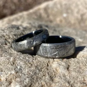 Wedding Ring Set Meteorite Ring, USA Made Custom Jewelry, Black Titanium Sleeve Band