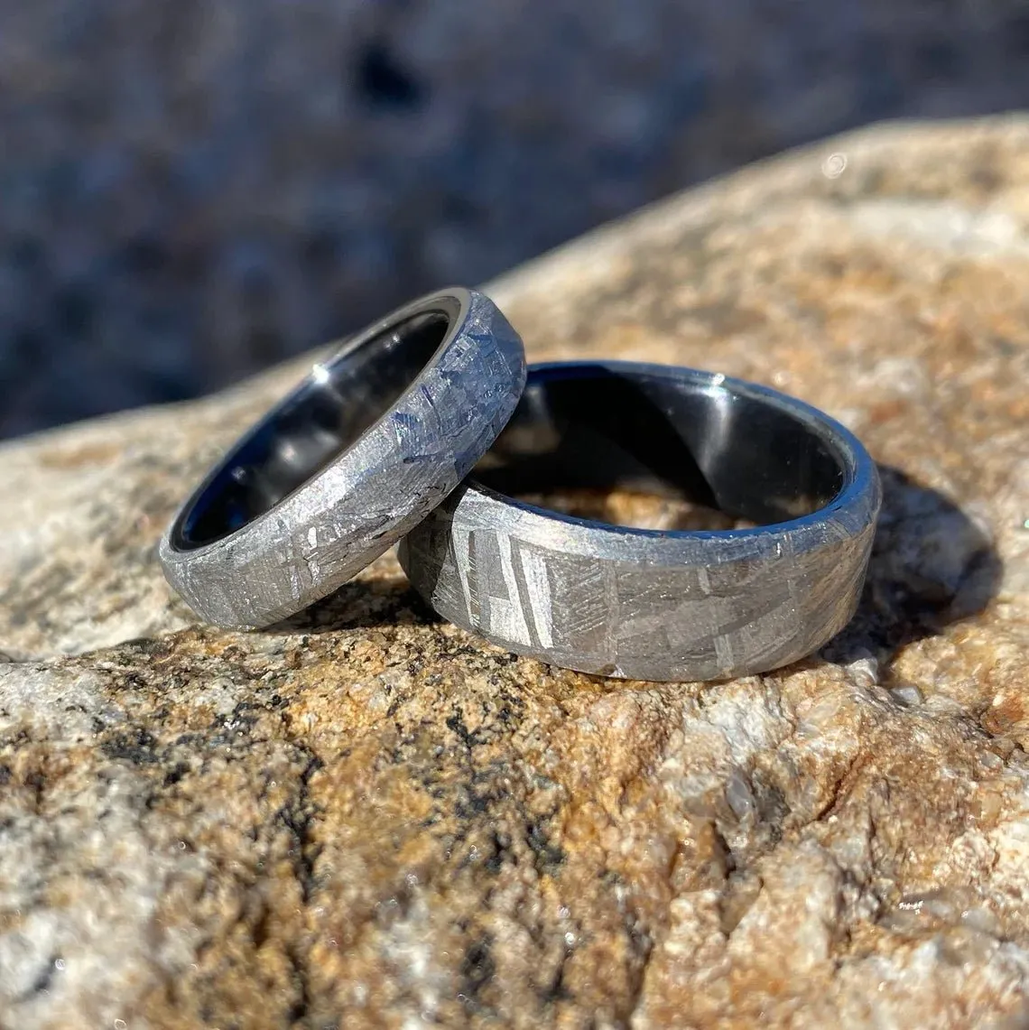 Wedding Ring Set Meteorite Ring, USA Made Custom Jewelry, Black Titanium Sleeve Band