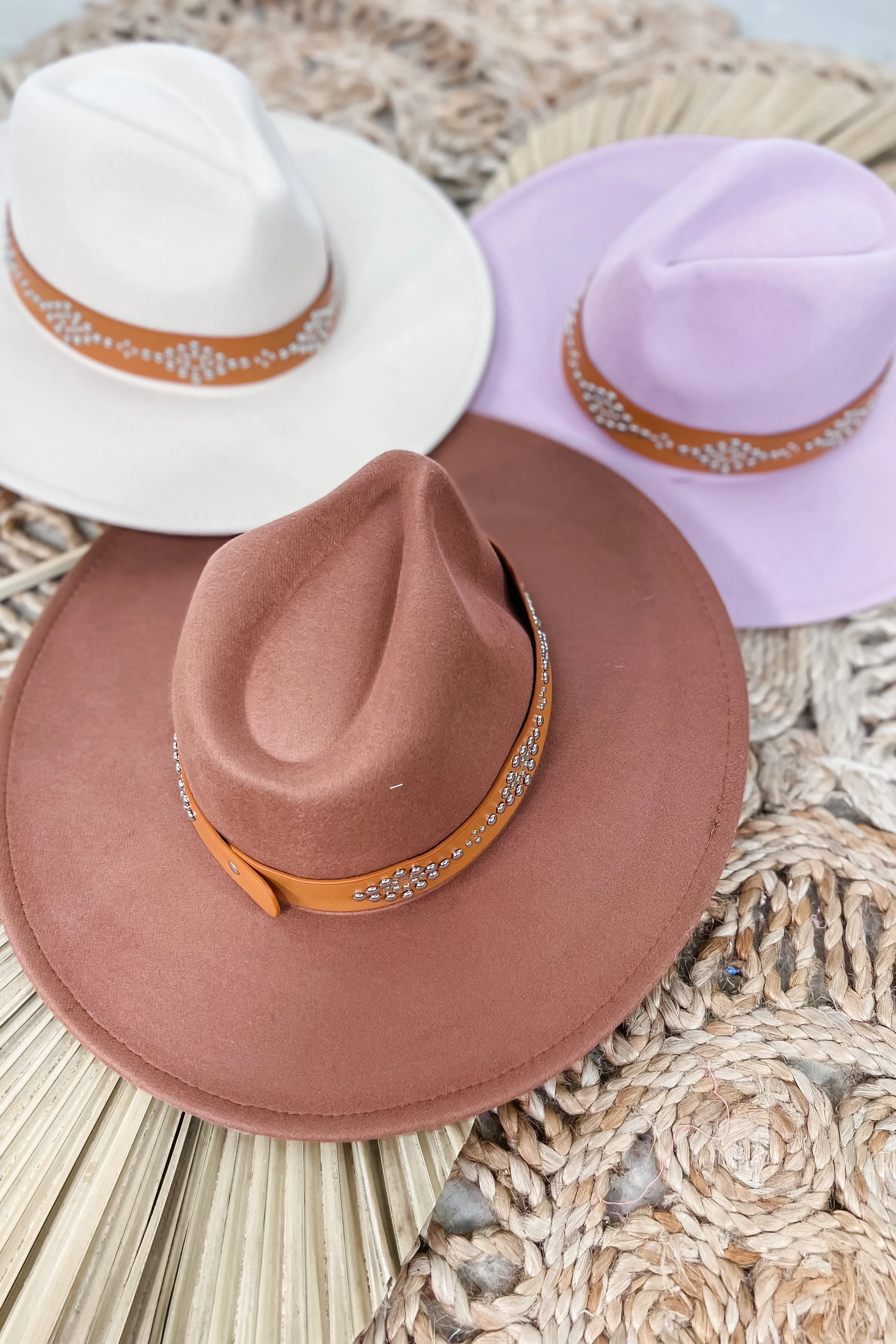 Wide Brim Hat w/ Beaded Belt {Brown, Ivory & Mauve}