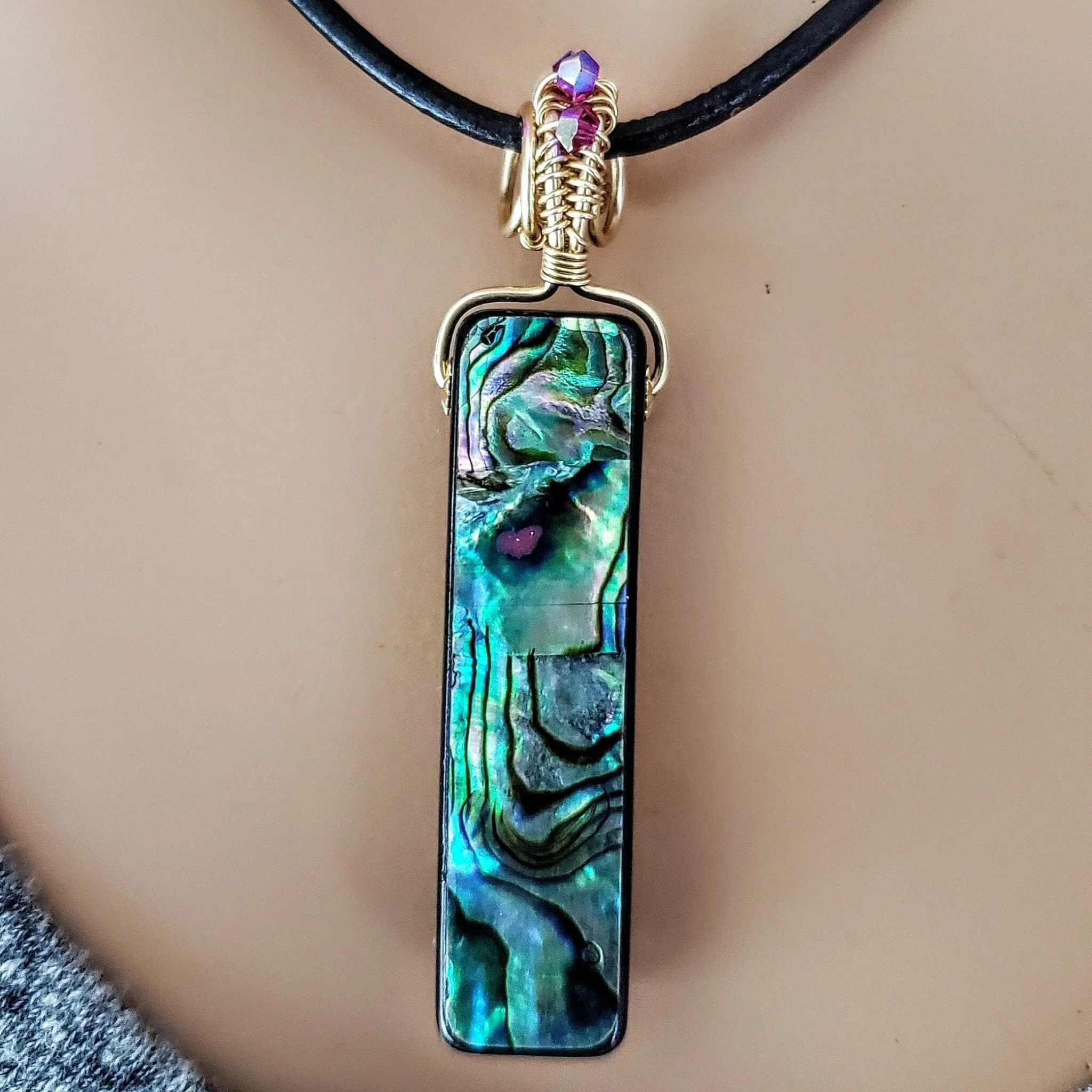 Wire Wrapped Vertical Abalone Shell Bar Necklace