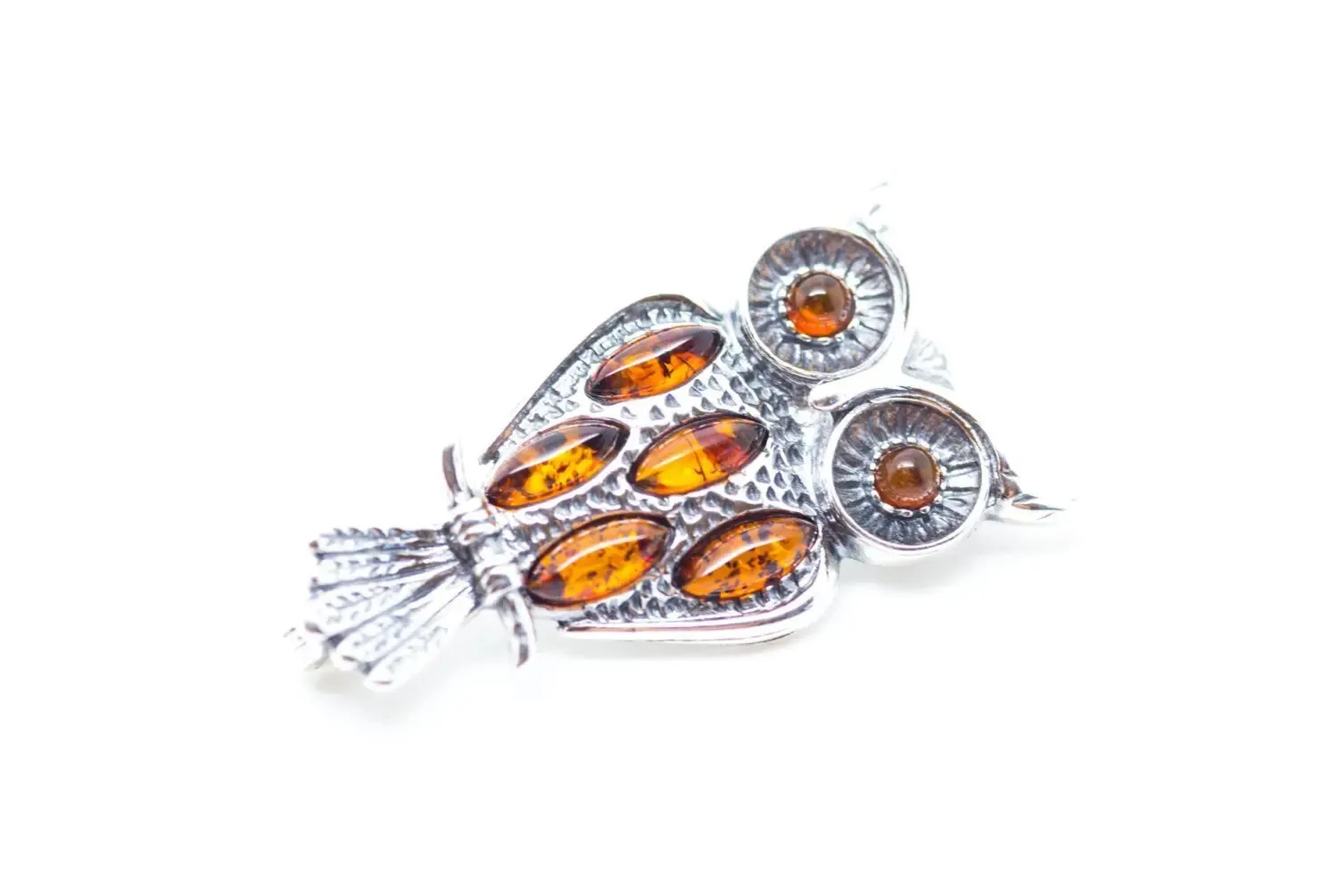 Wise Owl Brooch - Sterling Silver with Baltic Amber Stones