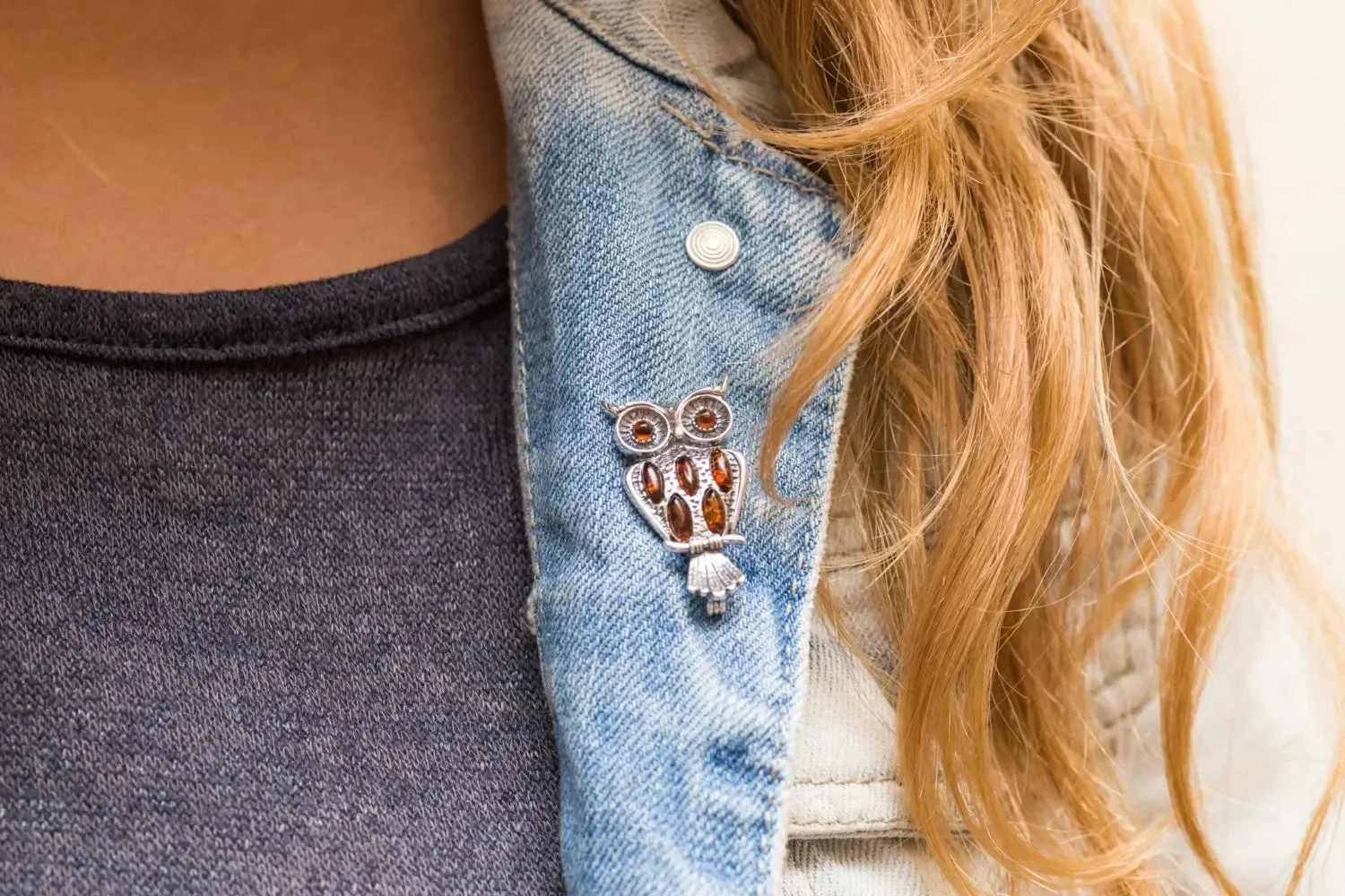 Wise Owl Brooch - Sterling Silver with Baltic Amber Stones