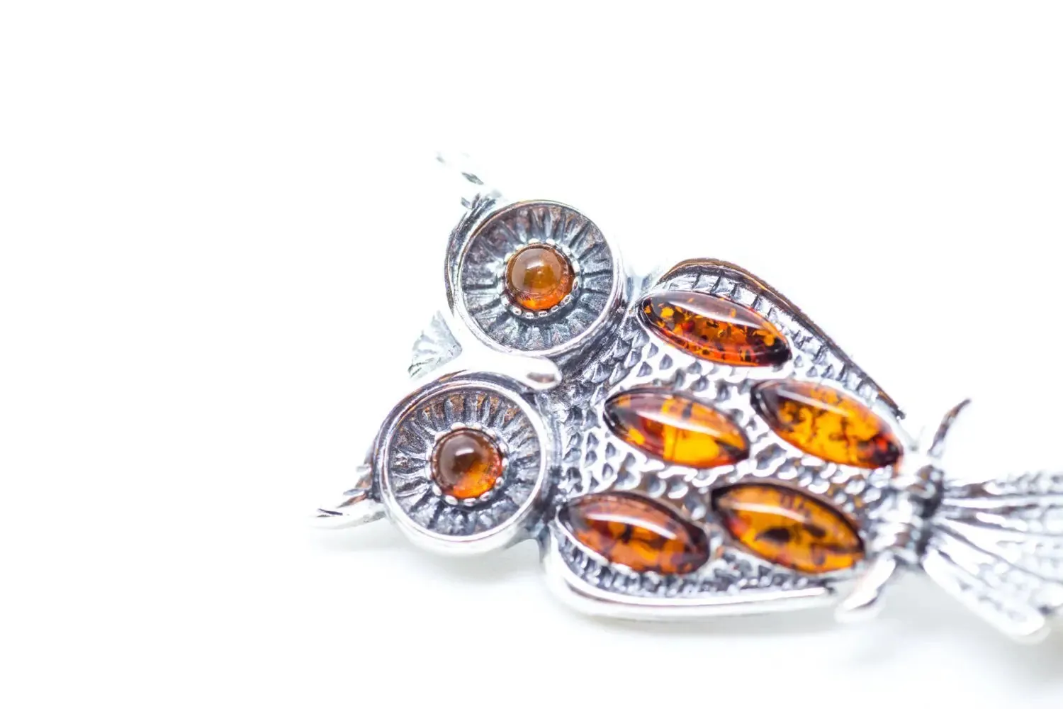 Wise Owl Brooch - Sterling Silver with Baltic Amber Stones