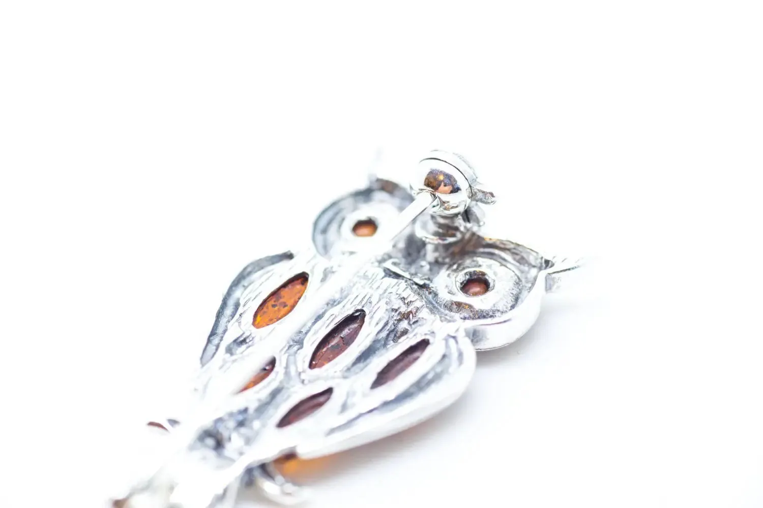 Wise Owl Brooch - Sterling Silver with Baltic Amber Stones