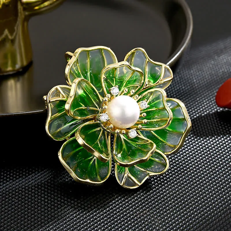 Women's Green Peony Gold Plated Enamel Brooch